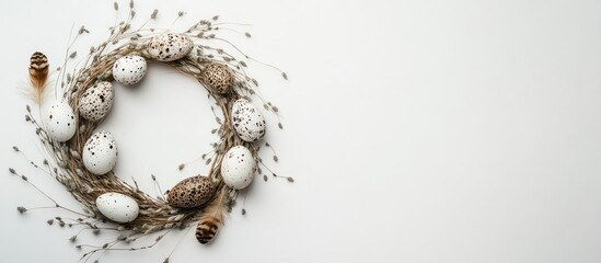 Poster - Easter wreath flat lay featuring birch branches quail feathers and decorative eggs on a white background space for greeting text viewed from above