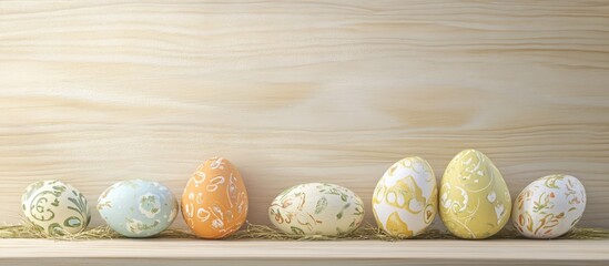 Fototapete - Easter celebration background with beautifully decorated pastel eggs arranged on a wooden surface for greeting card design.