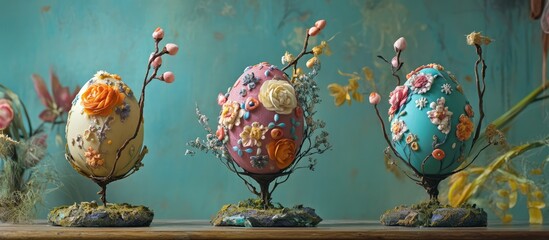 Fototapete - Decoratively Designed Easter Eggs Surrounded by Floral Elements and Vibrant Background