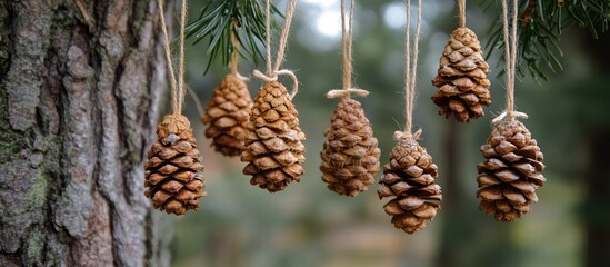 Aufkleber - Handcrafted pine cone ornaments hanging on twine amidst natural woodland backdrop showcasing rustic holiday decorations and eco-friendly artistry