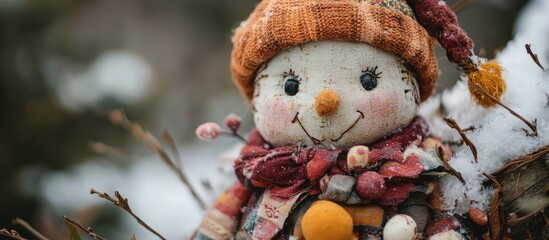 Aufkleber - Winter-themed homemade rag doll adorned with cozy accessories and cheerful expression set against a snowy background.