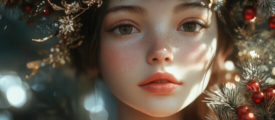 Poster - Young girl with winter-themed decor highlighting her serene expression and natural beauty during the holiday season, softly illuminated by light.