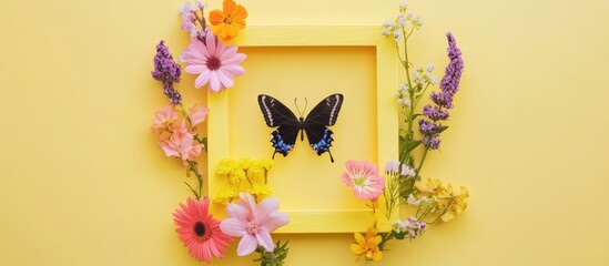 Poster - Colorful summer photo frame adorned with vibrant flowers and a delicate butterfly perfect for cards and greetings on a light backdrop