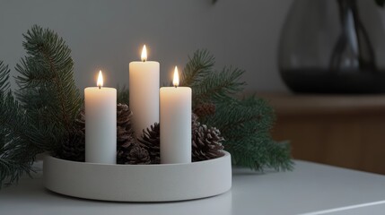 Poster - Modern advent wreath with lit candles and pinecones showcasing traditional DIY holiday decor in a minimalist setting