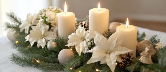 Aufkleber - Elegant holiday table centerpiece with white flowers candles and greenery for festive celebrations and gatherings