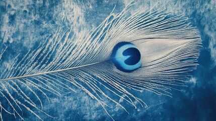 Leinwandbilder - Handcrafted Cyanotype Artwork Featuring a Vibrant Peacock Feather Set Against an Elegant Blue Background