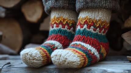 Fototapete - Colorful handmade woolen socks with intricate patterns displayed on a rustic wooden surface near logs in a cozy, warm setting.