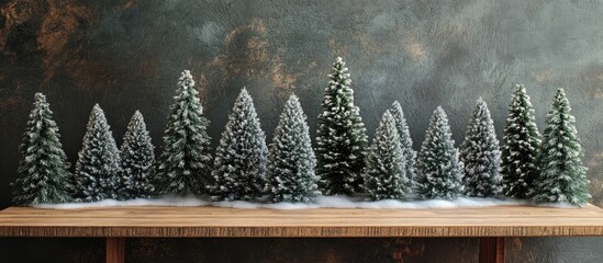Aufkleber - Holiday banner design showcasing a rustic wooden table adorned with snowy fir trees against a textured background