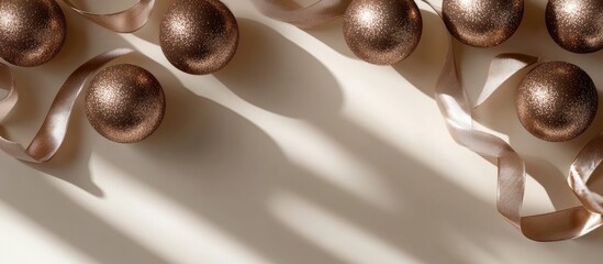 Aufkleber - Elegant Christmas baubles with soft ribbon shadows on a light backdrop for a festive holiday decor concept in a flat lay arrangement.