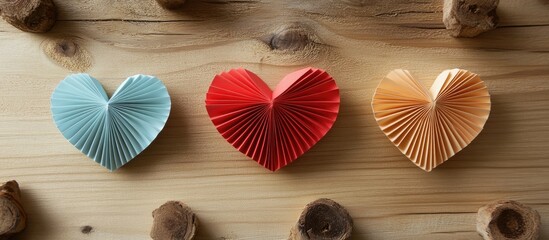 Aufkleber - Colorful paper hearts with bows arranged on a wooden surface showcasing a creative romantic decoration concept.