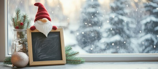 Aufkleber - Festive gnome and chalkboard decor with fir branches on a winter windowsill creating a cozy holiday atmosphere in a home setting