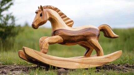 Aufkleber - Handcrafted wooden rocking horse toy with intricate design set against a natural outdoor background