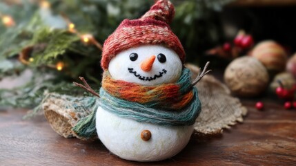 Aufkleber - Charming handmade snowman adorned with a colorful scarf and hat surrounded by festive holiday decor on a rustic wooden surface.