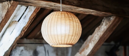 Aufkleber - Rustic wicker lamp with large white LED globe hanging from wooden beam perfect for vintage home decor ambiance