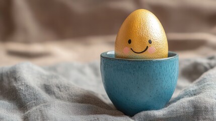 Aufkleber - Handcrafted golden egg with a smiling face placed in a blue cup on a textured fabric background showcasing artistic design and creativity