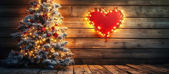 Aufkleber - Heart shaped lights on wooden backdrop with festive tree creating a warm holiday atmosphere ideal for Christmas decorations and celebrations