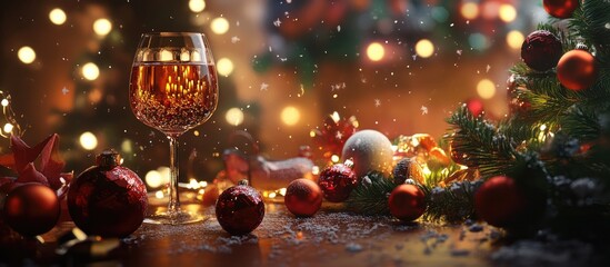 Poster - Festive holiday scene with sparkling glass, decorations, and lights creating a warm, cozy atmosphere during the winter season.