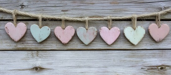 Aufkleber - Colorful wooden hearts arranged on a rustic wooden surface creating a charming decorative frame for various occasions