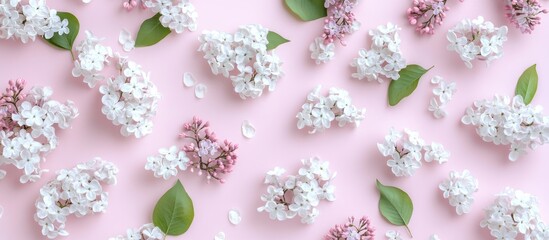 Poster - Delicate pink flat lay mockup featuring greeting card and invitation sheet adorned with white lilac flowers and green leaves.