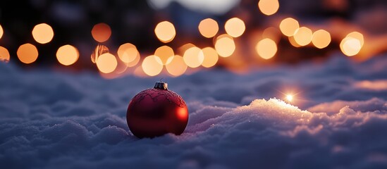 Aufkleber - Festive holiday decoration with a red ornament on snowy ground surrounded by warm glowing lights for New Year celebrations.