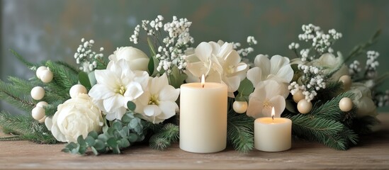Aufkleber - Elegant holiday table centerpiece with white floral arrangements and lit candles creating a warm festive atmosphere