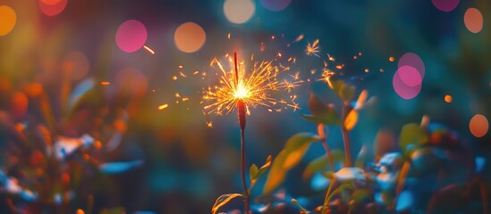 Aufkleber - Vibrant sparkler illuminating a colorful, defocused background with bokeh effects, creating a festive and joyful atmosphere.