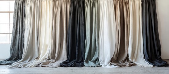 Aufkleber - Stylish selection of fabric curtains displayed in various colors and textures in a modern interior setting