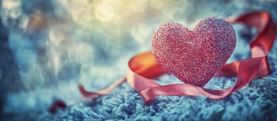 Poster - Heart-shaped decoration with ribbon on soft background ideal for romantic holiday greeting cards and celebration themes.