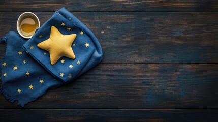 Poster - Handmade table setting with star shaped cushion on blue napkin and cup of honey on rustic wooden surface