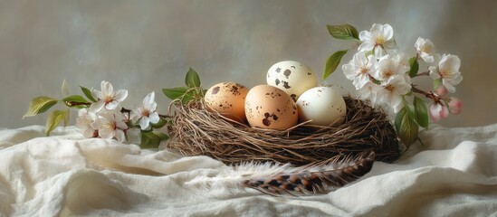 Aufkleber - Easter eggs in a nest with cherry blossoms on a linen cloth depicting a serene spring still life composition