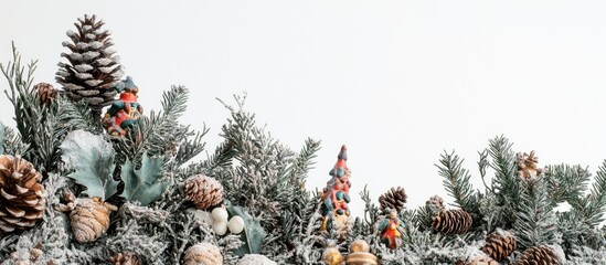 Aufkleber - Holiday-themed flat lay featuring fir branches, pine cones, and decorative toys on a white background with ample copy space for seasonal designs.