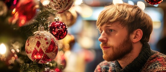 Poster - Man contemplating near a Christmas tree adorned with colorful ornaments during the festive holiday season celebration.
