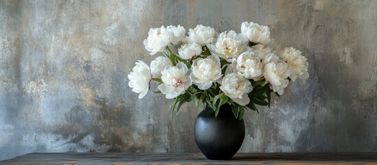 Aufkleber - Hello Spring handwritten message on a stylish bouquet of white peonies in a black clay vase against a rustic textured background.