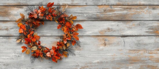 Aufkleber - Thanksgiving hand lettering calligraphy in autumn wreath against rustic barn wood background perfect for festive greeting cards