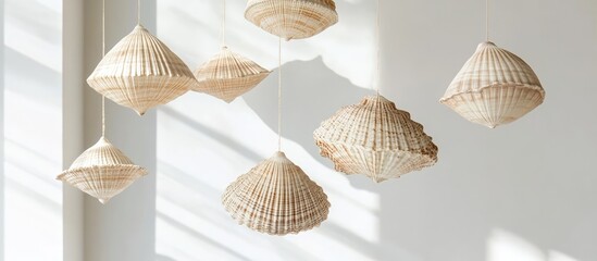 Poster - Intricate hanging shell mobile casting soft shadows on a bright white wall ideal for enhancing coastal home decor aesthetics