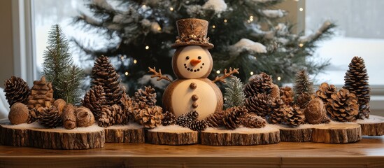 Aufkleber - Handmade wooden snowman decoration surrounded by pine cones on a table with a Christmas tree and snowy landscape in the background