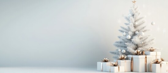 Poster - Winter wonderland scene with a white Christmas tree adorned with decorations and elegant gift boxes in a serene setting