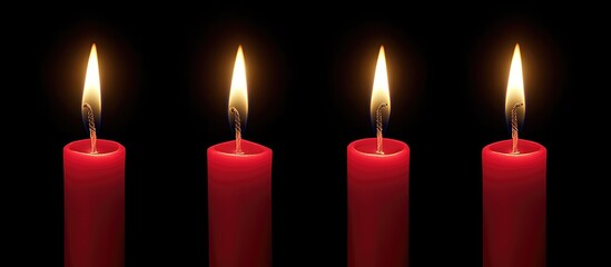 Poster - Candlelight ambiance Four red candles with flickering flames creating a warm and inviting atmosphere for celebrations and special moments