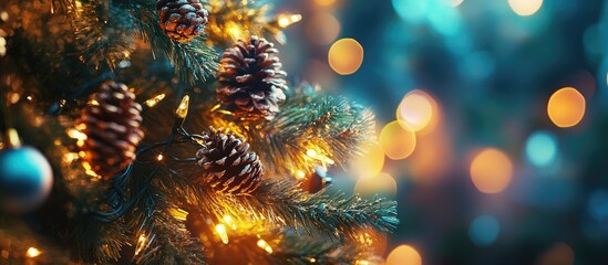 Aufkleber - New Year Celebration Background with Christmas Tree, Pine Cones and Festive Decorations Illuminated with Soft Glow and Bokeh Effect