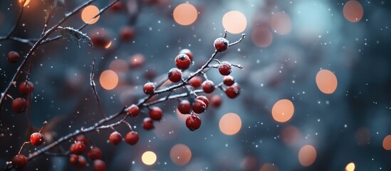 Aufkleber - Holiday backdrop with berries and fir branches illuminated by bokeh lights on textured surface featuring selective focus and snowy illustration