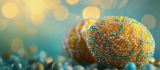 Aufkleber - Colorful bead decorated eggs with bokeh background creating a vibrant and festive Easter celebration mood in a stunning composition.