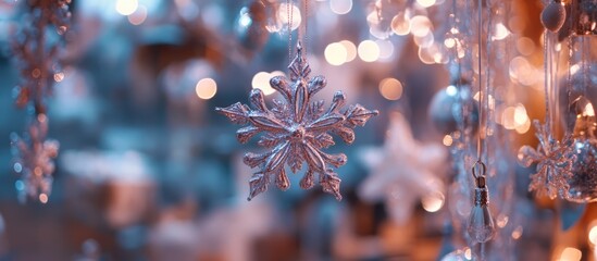 Poster - Snowflake decoration in shop display with blurred bokeh lights creating a festive winter holiday atmosphere and depth of field for seasonal designs
