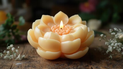 Leinwandbilder - Handcrafted floral wax candle with a delicate design illuminating a serene setting on a rustic wooden surface