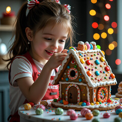 Delightful scene of a young girl decoratively crafting a colorful gingerbread house in a cozy festive setting, photography of still life concept.