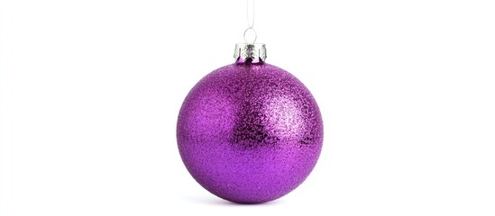 Poster - Vibrant violet Christmas bauble with shimmering texture hanging elegantly against a clean white background for festive decor inspiration