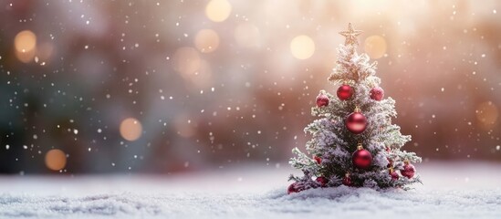 Poster - Serene winter scene featuring a decorated Christmas tree on a snow-covered ground with softly glowing lights and falling snowflakes.