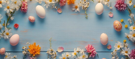 Poster - Colorful Easter invitation card design with spring flowers and eggs on wooden table showcasing blank space for personalized messages.