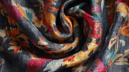 Aufkleber - Textured handmade linen fabric featuring vibrant floral ornaments in rich colors ideal for textile design and interior decor.