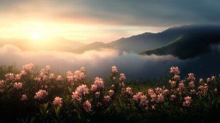 Wall Mural - beautiful sunrise over mountains with blooming flowers in the foreground and misty valleys below