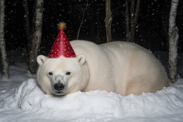 Wall Mural - Polar bear wearing a party hat in snowy woods at night.